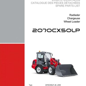 K&ouml;nnte beinhalten: Katalogcover mit einem roten und grauen Radlader, Modell 2070CX50LP. Das Cover enth&auml;lt das Weidemann-Logo und Text in Deutsch, Franz&ouml;sisch und Englisch, der auf eine Ersatzteilliste hinweist.
