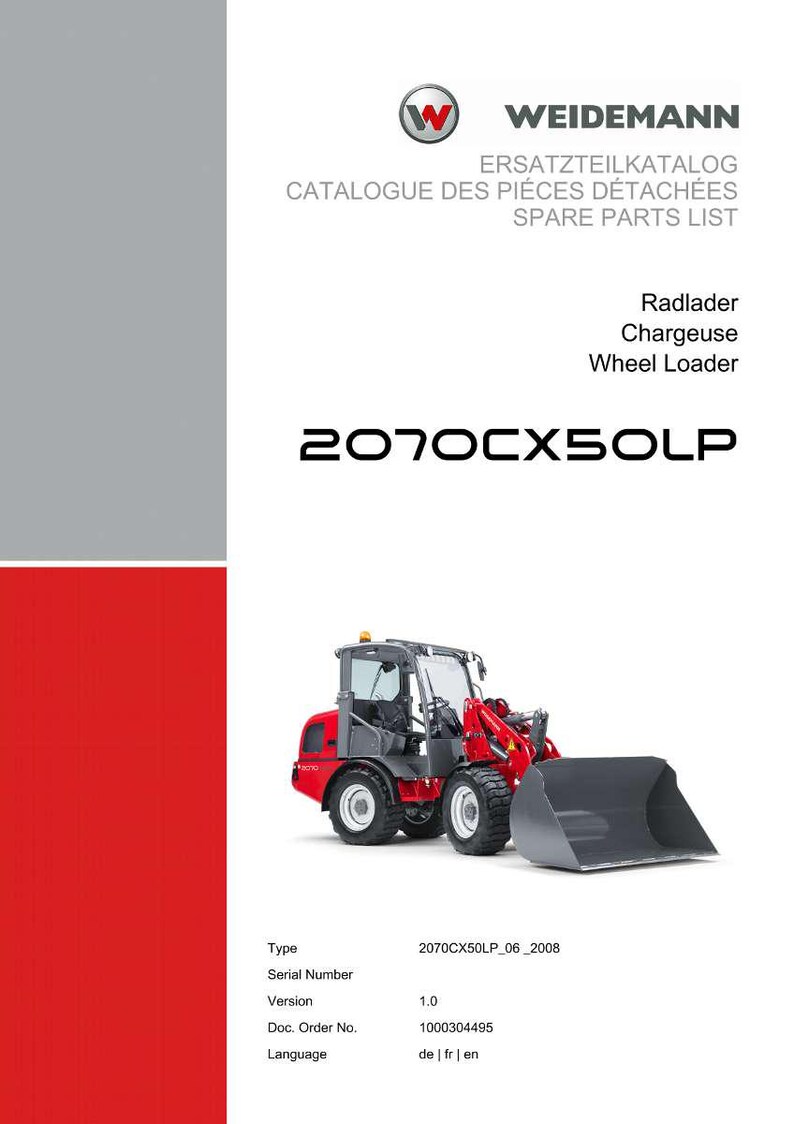 K&ouml;nnte beinhalten: Katalogcover mit einem roten und grauen Radlader, Modell 2070CX50LP. Das Cover enth&auml;lt das Weidemann-Logo und Text in Deutsch, Franz&ouml;sisch und Englisch, der auf eine Ersatzteilliste hinweist.