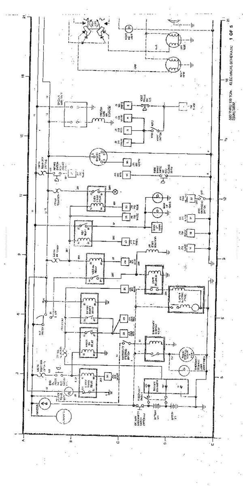 K&ouml;nnte beinhalten: Ein detailliertes elektrisches Schaltbild in Schwarzwei&szlig; mit zahlreichen Symbolen und Beschriftungen. Der Text auf dem Diagramm lautet "SD 100 THRU 100 TON, ELECTRICAL SCHEMATIC 1 OF 5". Das Diagramm ist f&uuml;r ein elektrisches System.