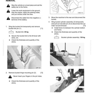 May include: A technical diagram detailing the removal and installation of work equipment assembly. The diagram includes illustrations, step-by-step instructions, and measurements in kilograms, such as a bucket link of 45 kg and a bucket cylinder assembly of 130 kg.