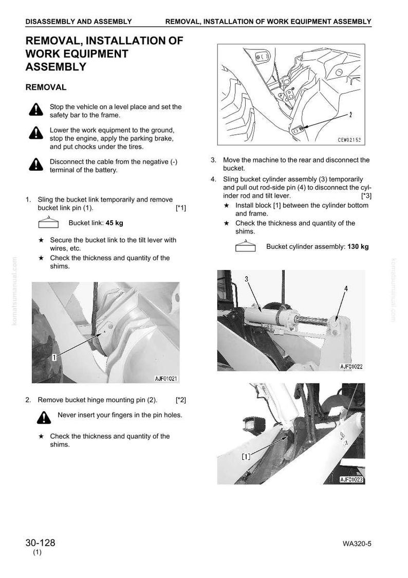 May include: A technical diagram detailing the removal and installation of work equipment assembly. The diagram includes illustrations, step-by-step instructions, and measurements in kilograms, such as a bucket link of 45 kg and a bucket cylinder assembly of 130 kg.