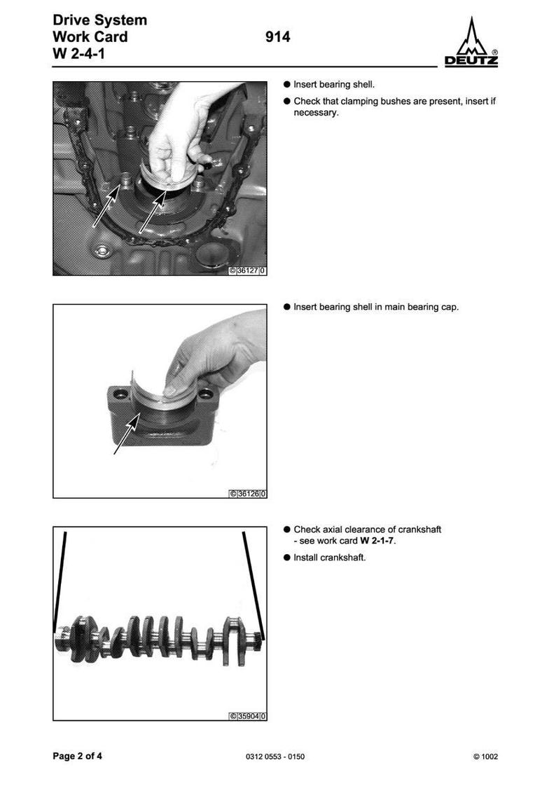 Puede incluir: P&aacute;gina de un manual t&eacute;cnico con diagramas e instrucciones para la reparaci&oacute;n del motor. El manual incluye texto e ilustraciones que detallan la instalaci&oacute;n de cojinetes y componentes del cig&uuml;e&ntilde;al. El logotipo de DEUTZ es visible.