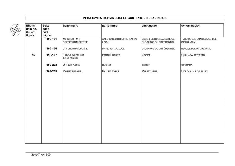 K&ouml;nnte beinhalten: Ein wei&szlig;es Dokument mit einer Tabelle mit der &Uuml;berschrift "LIST OF CONTENTS - INDEX - INDICE". Die Tabelle listet Artikelnummern, Seitenzahlen und Beschreibungen in mehreren Sprachen auf, darunter "AXLE TUBE WITH DIFFERENTIAL LOCK".