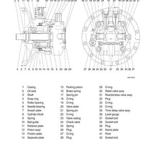 May include: Detailed diagram of a swing motor, labeled with numbers and names for each component. Includes parts like casing, oil seal, shaft, spring, and various O-rings. Ideal for technical reference.