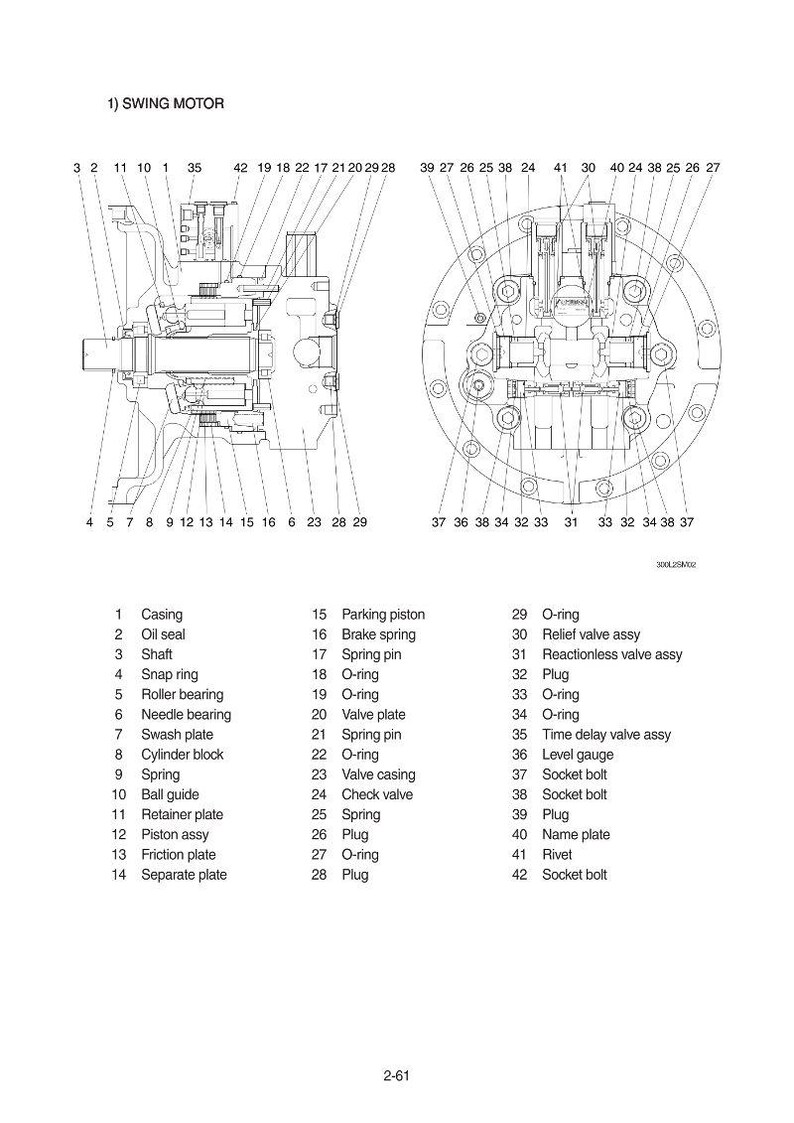 May include: Detailed diagram of a swing motor, labeled with numbers and names for each component. Includes parts like casing, oil seal, shaft, spring, and various O-rings. Ideal for technical reference.
