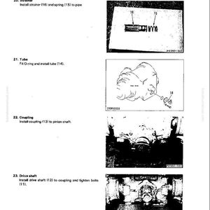 K&ouml;nnte beinhalten: Diagramm der Anweisungen zur Demontage und Montage des Endantriebs. Enth&auml;lt Abbildungen eines Siebs, eines Rohrs, einer Kupplung und einer Antriebswelle mit Teilenummern und Beschriftungen.