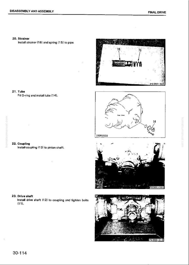 K&ouml;nnte beinhalten: Diagramm der Anweisungen zur Demontage und Montage des Endantriebs. Enth&auml;lt Abbildungen eines Siebs, eines Rohrs, einer Kupplung und einer Antriebswelle mit Teilenummern und Beschriftungen.