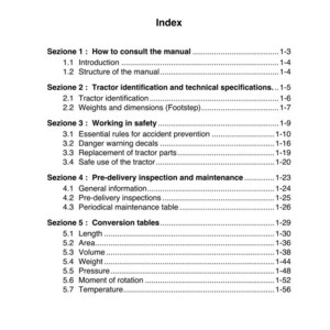 May include: A white page from a manual with the title "Capitolo 1: Introduction" and an index. The index includes sections on manual consultation, tractor identification, safety, pre-delivery inspection, and conversion tables.