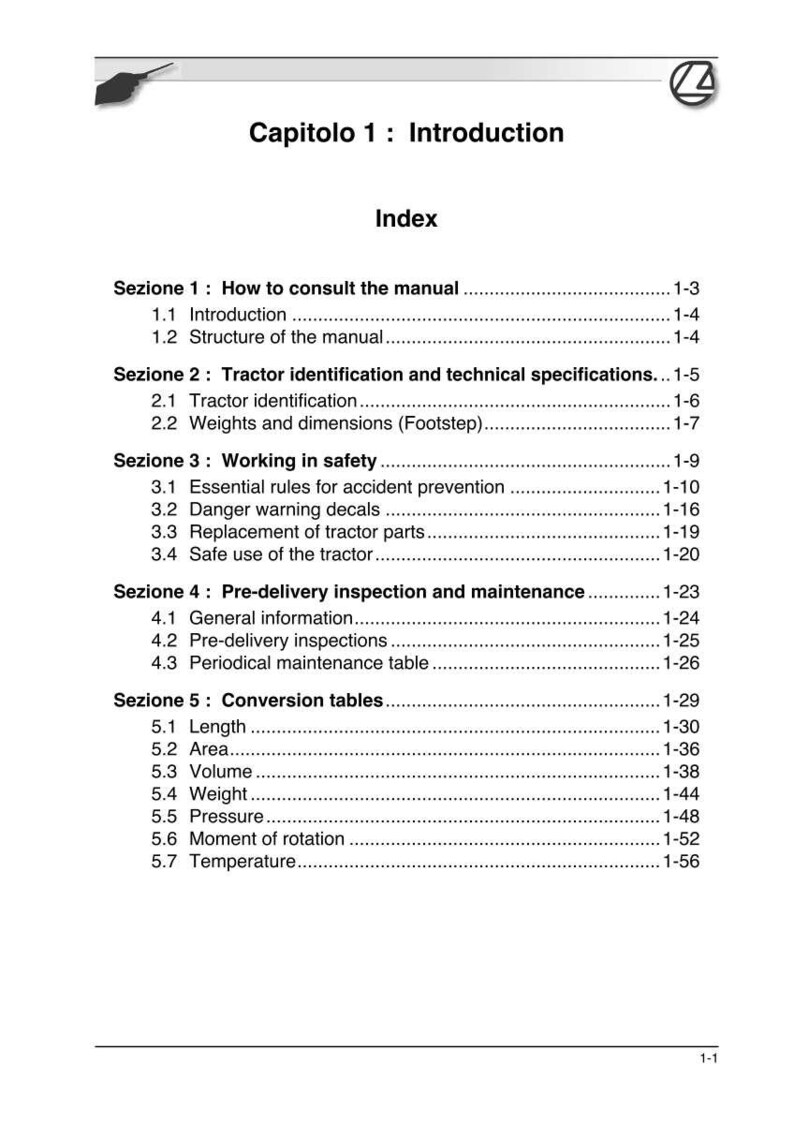 May include: A white page from a manual with the title "Capitolo 1: Introduction" and an index. The index includes sections on manual consultation, tractor identification, safety, pre-delivery inspection, and conversion tables.