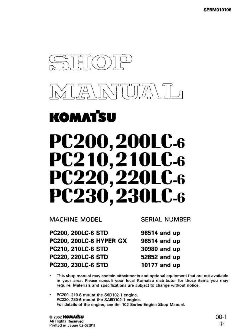 以下が含まれることがあります： 「SHOP MANUAL」の文字と、PC200、200LC-6、PC210、210LC-6、PC220、220LC-6、PC230、230LC-6のモデル番号が記載された、白地のコマツのショップマニュアル。 マニュアルには、機械モデルとシリアル番号の詳細が含まれています。