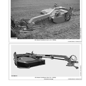 May include: Black and white images of a John Deere 530 Mower-Conditioner. The top image shows the mower in a field, and the bottom image is a detailed view of the machine. Text includes "Identification Views" and "JOHN DEERE".