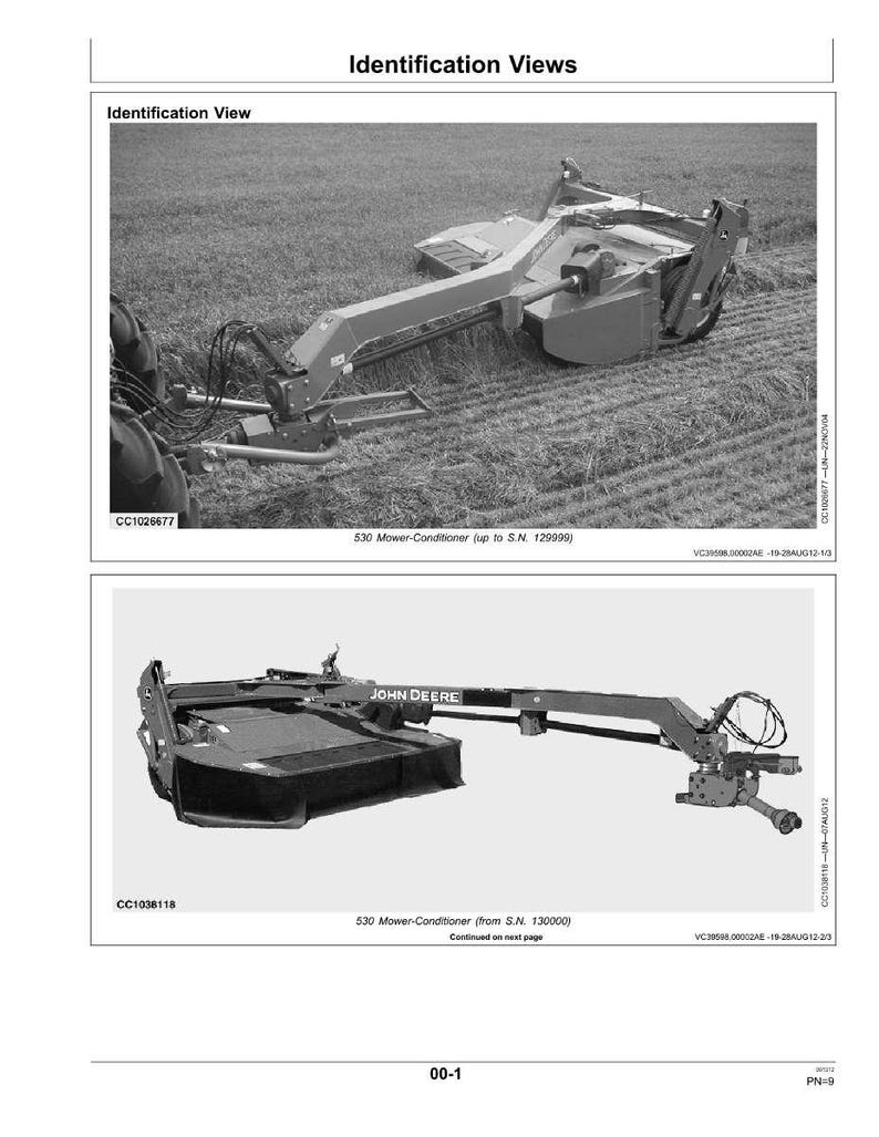 May include: Black and white images of a John Deere 530 Mower-Conditioner. The top image shows the mower in a field, and the bottom image is a detailed view of the machine. Text includes "Identification Views" and "JOHN DEERE".