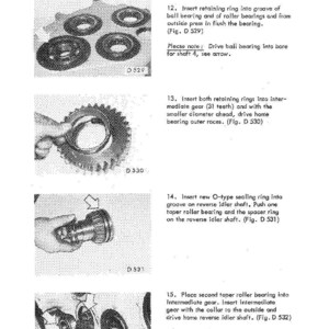 May include: A service manual page detailing powershift transmission assembly. The diagrams show mechanical components like gears, bearings, and retaining rings. Instructions and part numbers are included, with measurements in cm.