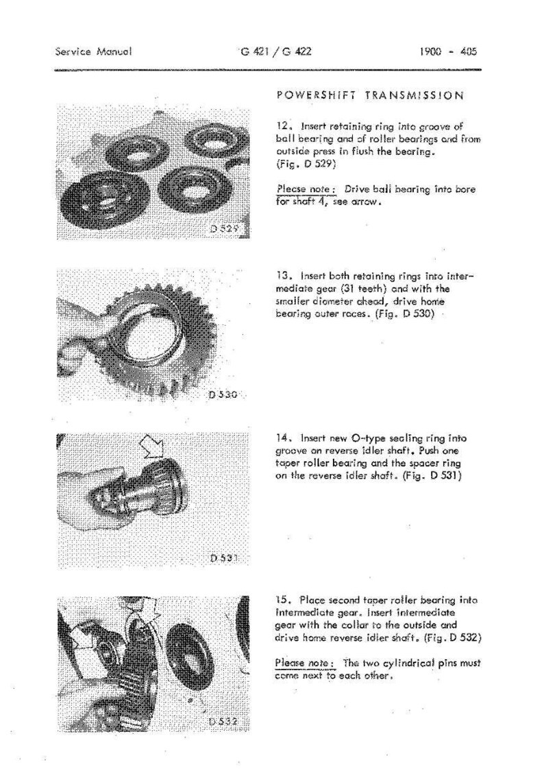 May include: A service manual page detailing powershift transmission assembly. The diagrams show mechanical components like gears, bearings, and retaining rings. Instructions and part numbers are included, with measurements in cm.