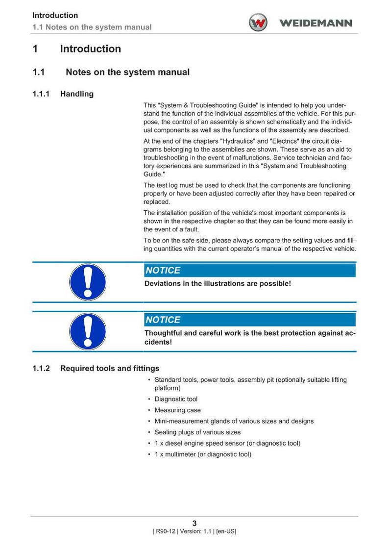 May include: A page from a system manual with the title "Introduction" and "Notes on the system manual." The text includes warnings and a list of required tools and fittings. The Weidemann logo is in the upper right corner.