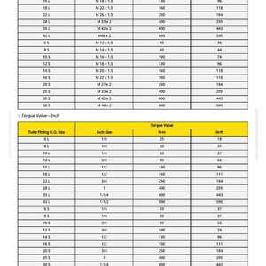 May include: A chart detailing torque values for tube fittings, including inch sizes, torque values in Newton-meters, and foot-pounds. The chart is organized in a table format with clear headings and data points for various sizes.
