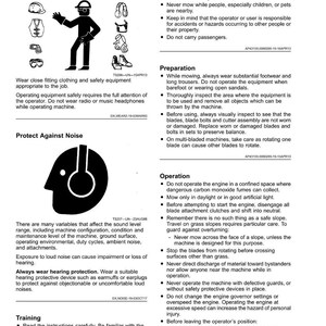 Pode incluir: Instru&ccedil;&otilde;es de seguran&ccedil;a e avisos para operar um cortador de grama. Inclui ilustra&ccedil;&otilde;es de roupas de prote&ccedil;&atilde;o, prote&ccedil;&atilde;o contra ru&iacute;do e diretrizes operacionais. O texto inclui avisos sobre crian&ccedil;as, animais de estima&ccedil;&atilde;o e o uso adequado do equipamento.