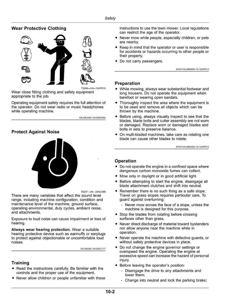 Pode incluir: Instru&ccedil;&otilde;es de seguran&ccedil;a e avisos para operar um cortador de grama. Inclui ilustra&ccedil;&otilde;es de roupas de prote&ccedil;&atilde;o, prote&ccedil;&atilde;o contra ru&iacute;do e diretrizes operacionais. O texto inclui avisos sobre crian&ccedil;as, animais de estima&ccedil;&atilde;o e o uso adequado do equipamento.