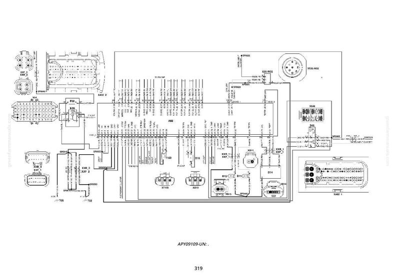 Puede incluir: Diagrama esquem&aacute;tico detallado en blanco y negro de un sistema el&eacute;ctrico, con numerosos conectores, cables y componentes etiquetados. El diagrama incluye texto y s&iacute;mbolos, con la referencia APY09109-UN.