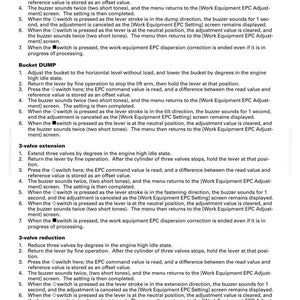 K&ouml;nnte beinhalten: Eine Seite aus einem Maschinenwartungshandbuch mit der &Uuml;berschrift "STRUKTUR UND FUNKTION, WARTUNGSSTANDARD". Der Text beschreibt Verfahren f&uuml;r Kippen, Abladen und Ventileinstellungen, einschlie&szlig;lich Schritte und Bildschirmanzeigen.