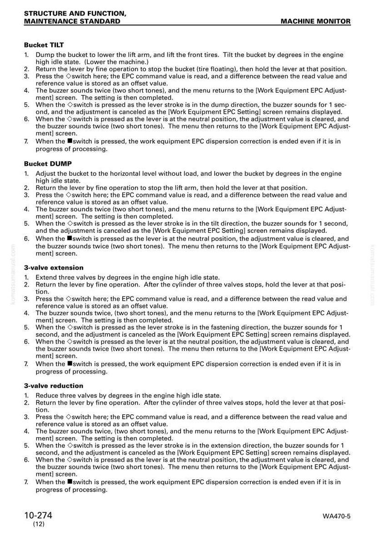 K&ouml;nnte beinhalten: Eine Seite aus einem Maschinenwartungshandbuch mit der &Uuml;berschrift "STRUKTUR UND FUNKTION, WARTUNGSSTANDARD". Der Text beschreibt Verfahren f&uuml;r Kippen, Abladen und Ventileinstellungen, einschlie&szlig;lich Schritte und Bildschirmanzeigen.