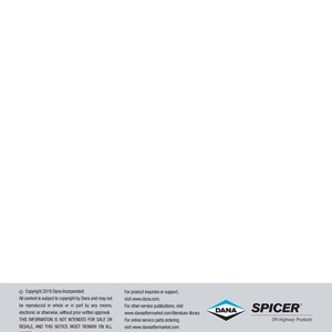 Puede incluir: Fondo blanco con texto y logotipos. El texto incluye informaci&oacute;n de derechos de autor de Dana Incorporated e informaci&oacute;n de contacto para consultas y soporte de productos. Tambi&eacute;n son visibles los logotipos de Dana y Spicer.