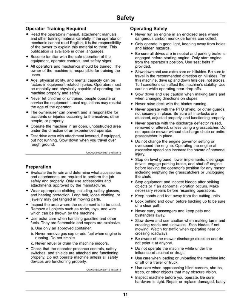 May include: A page from a safety manual with headings like "Operator Training Required" and "Operating Safely." The text provides instructions and warnings for equipment operation, including safety precautions and maintenance guidelines.