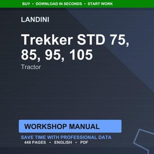 Op de afbeelding: Een digitale werkplaatshandleiding voor Landini Trekker STD tractoren, inclusief modellen 75, 85, 95 en 105. De omslag is donkerblauw met witte tekst en de handleiding bevat 448 pagina's. De handleiding is in het Engels en in PDF-formaat.