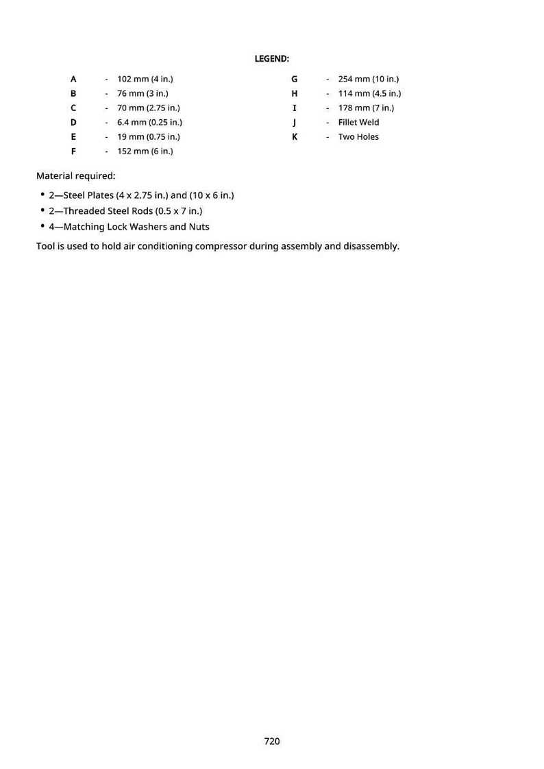 May include: Diagram with measurements in inches and millimeters, including a legend with dimensions for various parts. The image also lists required materials such as steel plates, threaded steel rods, lock washers, and nuts. Text indicates the tool's use.