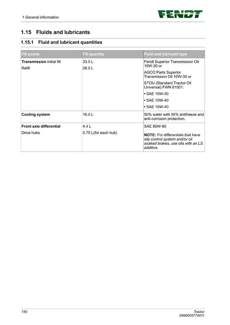 May include: A page from a tractor manual detailing fluid and lubricant quantities. The table lists fill points such as transmission, cooling system, and front axle differential, along with corresponding fill quantities in litres and fluid types.