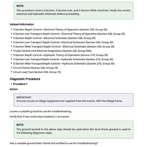May include: A technical document titled "TC1 000714.11 - Main Frame Depth No Movement." It includes diagnostic procedures, related information, and notes on electrical and hydraulic schematics for agricultural equipment. The document is 474 pages long.