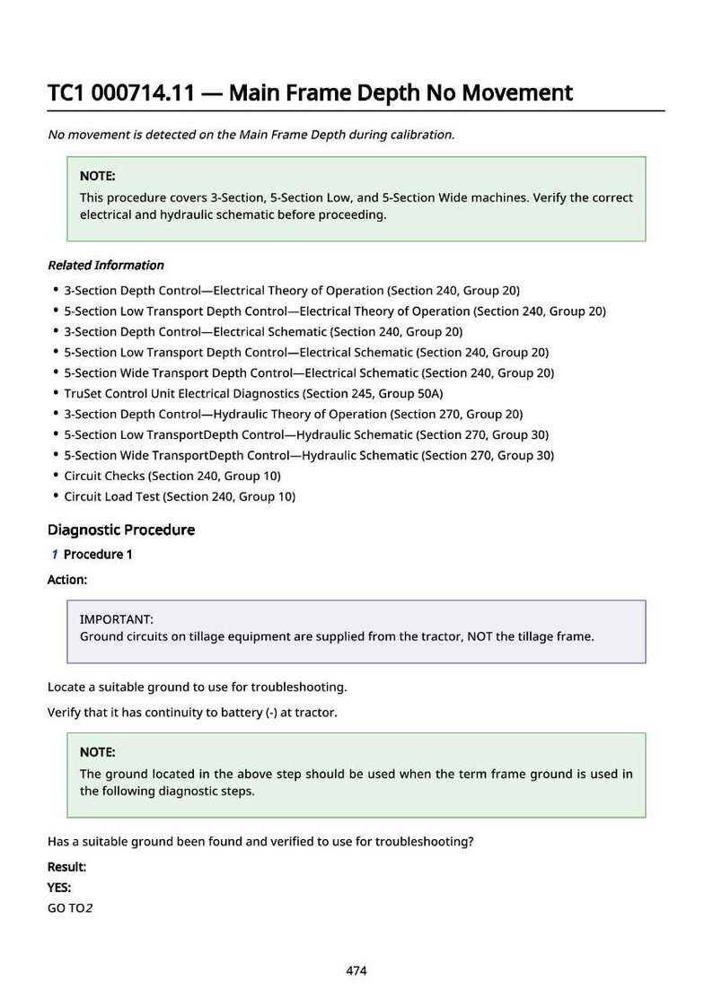 May include: A technical document titled "TC1 000714.11 - Main Frame Depth No Movement." It includes diagnostic procedures, related information, and notes on electrical and hydraulic schematics for agricultural equipment. The document is 474 pages long.