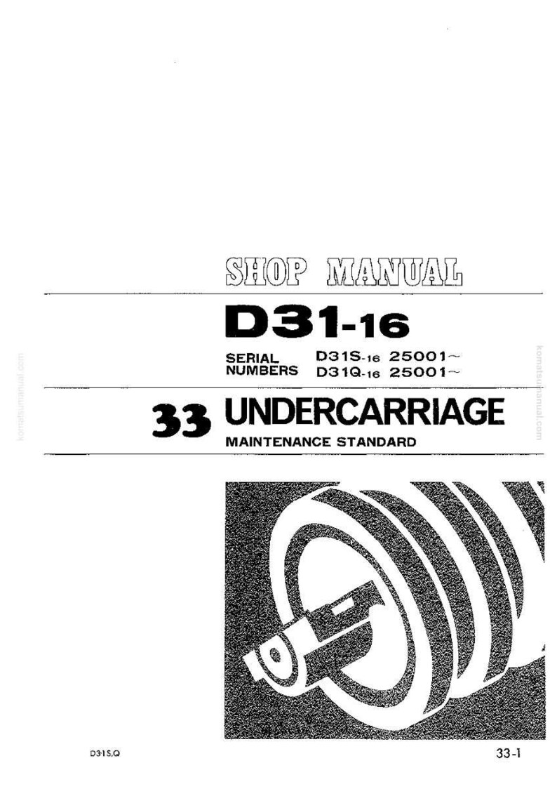 Puede incluir: P&aacute;gina de manual de taller en blanco y negro con el t&iacute;tulo "SHOP MANUAL" y el n&uacute;mero de modelo "D31-16". El texto incluye "33 UNDERCARRIAGE MAINTENANCE STANDARD" y un diagrama de un componente mec&aacute;nico. Tambi&eacute;n se enumeran los n&uacute;meros de serie.