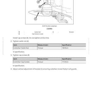 May include: Diagram of a cutterbar assembly with labeled components: Castle Nut, Cap Screw, and Bracket. Instructions detail tightening procedures, including torque specifications of 160 N-m and 115 N-m. Text includes "YC0172-UN: Cutterbar" and "LEGEND:"