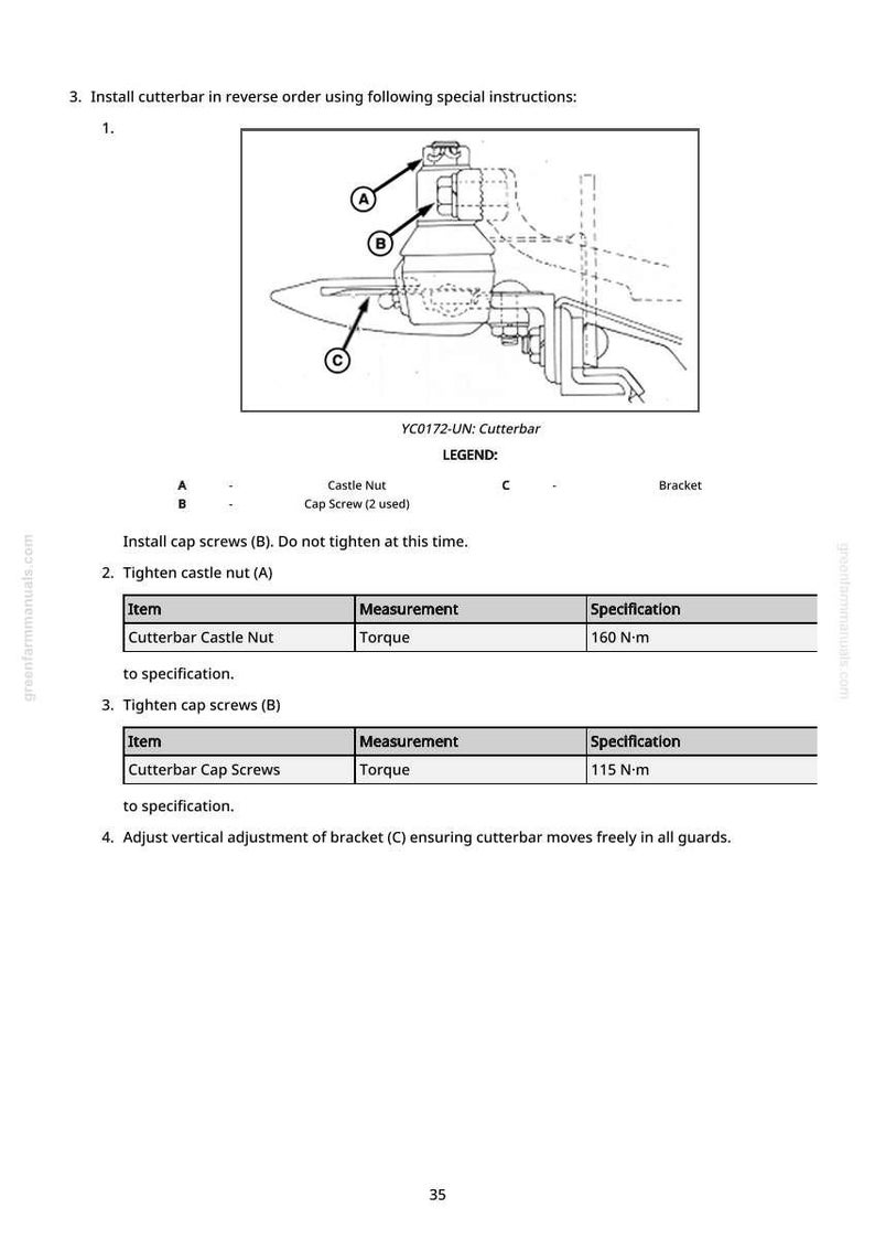 May include: Diagram of a cutterbar assembly with labeled components: Castle Nut, Cap Screw, and Bracket. Instructions detail tightening procedures, including torque specifications of 160 N-m and 115 N-m. Text includes "YC0172-UN: Cutterbar" and "LEGEND:"