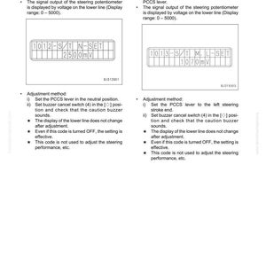 May include: Technical diagram with text and diagrams related to testing and adjusting a steering lever. Includes voltage display ranges and adjustment methods. Features the text "TESTING AND ADJUSTING" and "SPECIAL FUNCTIONS OF MONITOR PANEL (EMMS)".