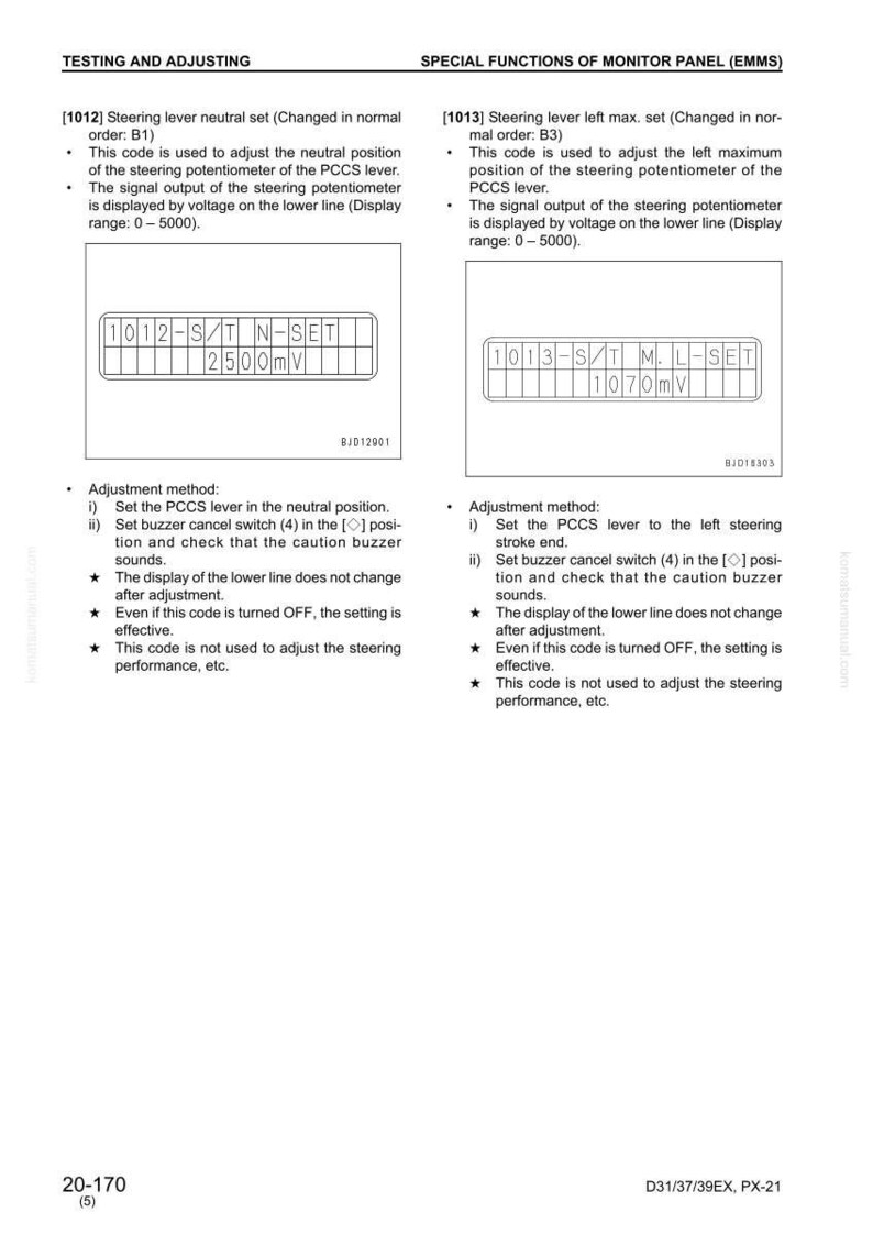 May include: Technical diagram with text and diagrams related to testing and adjusting a steering lever. Includes voltage display ranges and adjustment methods. Features the text "TESTING AND ADJUSTING" and "SPECIAL FUNCTIONS OF MONITOR PANEL (EMMS)".