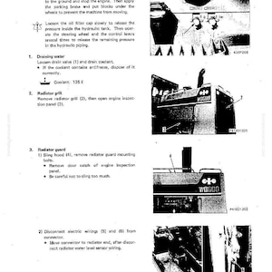 K&ouml;nnte beinhalten: Eine Seite aus einem Handbuch, die den Ausbau eines K&uuml;hlers beschreibt. Der Text enth&auml;lt Anweisungen und Diagramme zum Ablassen von Wasser, zum Entfernen des K&uuml;hlers und zum Entfernen des K&uuml;hlergrills. Die K&uuml;hlmittelmenge betr&auml;gt 135 ℉.