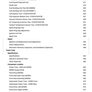 May include: A detailed list of tractor repair and maintenance procedures, including tests for various components like fuel injectors, sensors, and ignition coils. The document also covers power train specifications and component locations.