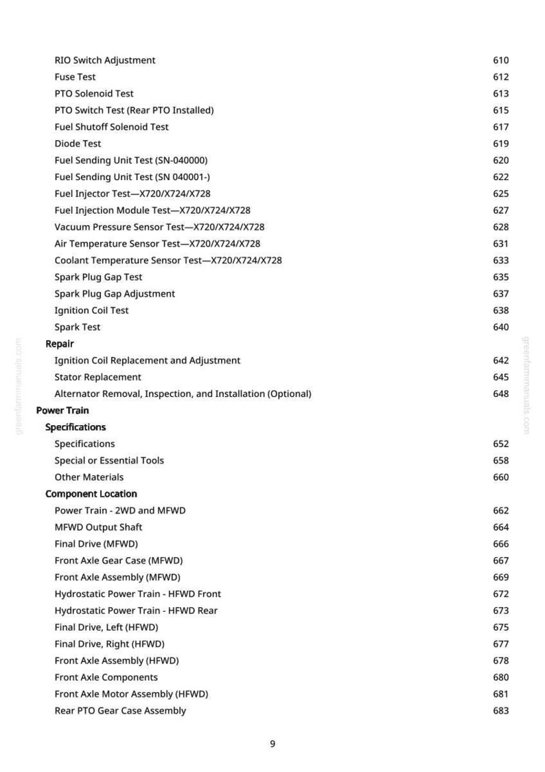 May include: A detailed list of tractor repair and maintenance procedures, including tests for various components like fuel injectors, sensors, and ignition coils. The document also covers power train specifications and component locations.