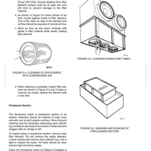 May include: Technical illustration of air cleaner components, including a filter element and Donaclone tubes. The image provides instructions for cleaning and maintenance, with diagrams and text descriptions. The diagrams show the cleaning process with compressed air.
