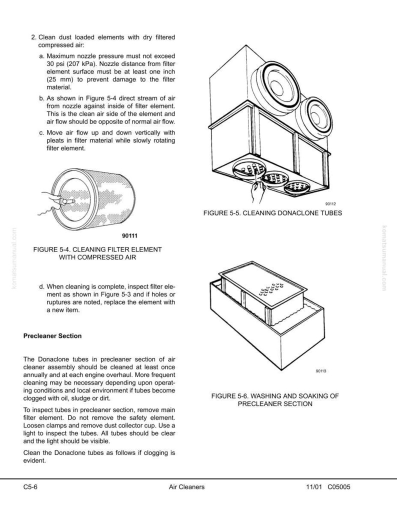May include: Technical illustration of air cleaner components, including a filter element and Donaclone tubes. The image provides instructions for cleaning and maintenance, with diagrams and text descriptions. The diagrams show the cleaning process with compressed air.