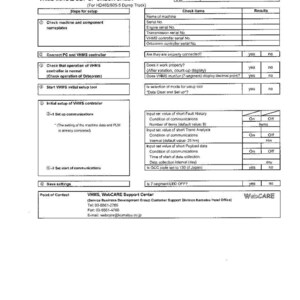 Puede incluir: Documento en blanco y negro titulado "VHMS INITIAL SET-UP CHECK SHEET" con secciones para los pasos de configuraci&oacute;n y los elementos de verificaci&oacute;n. El documento incluye campos para n&uacute;meros de serie y configuraciones de comunicaci&oacute;n.
