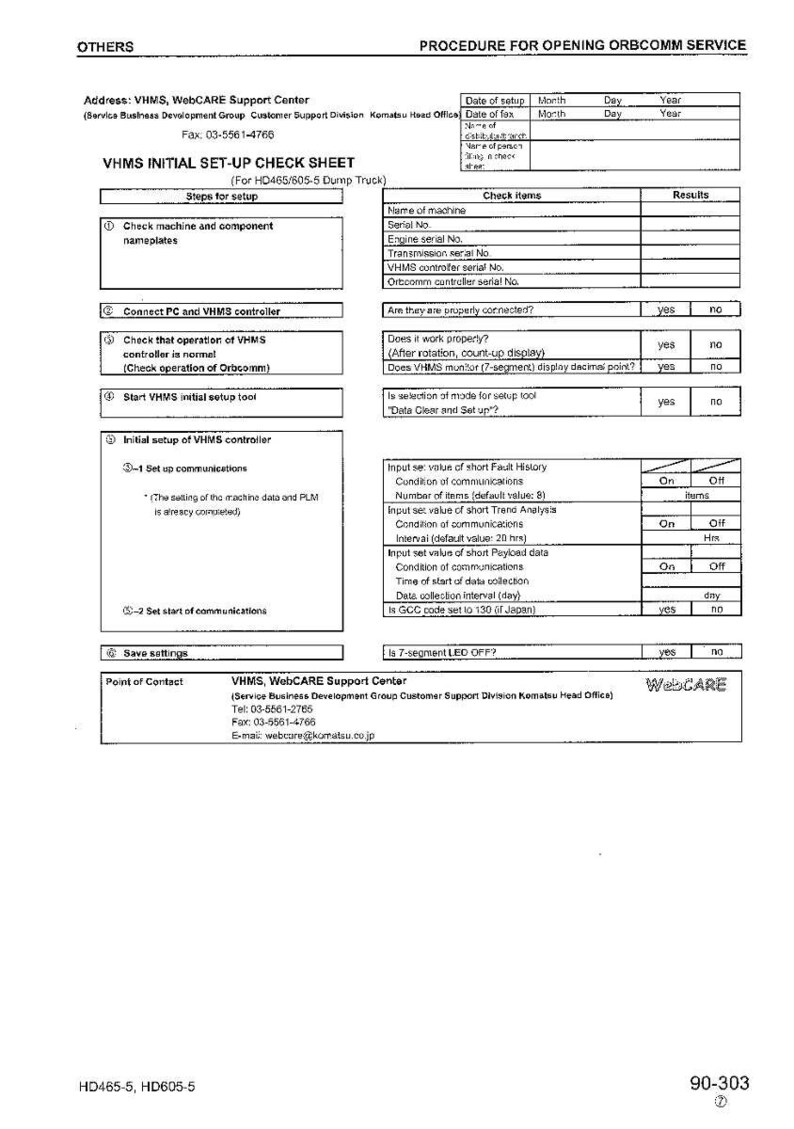 Puede incluir: Documento en blanco y negro titulado "VHMS INITIAL SET-UP CHECK SHEET" con secciones para los pasos de configuraci&oacute;n y los elementos de verificaci&oacute;n. El documento incluye campos para n&uacute;meros de serie y configuraciones de comunicaci&oacute;n.