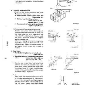 May include: Diagram of engine components with measurements in millimeters. Includes illustrations of valve seat finishing, final checks, and calking the circumference of an insert. Technical drawings and instructions.