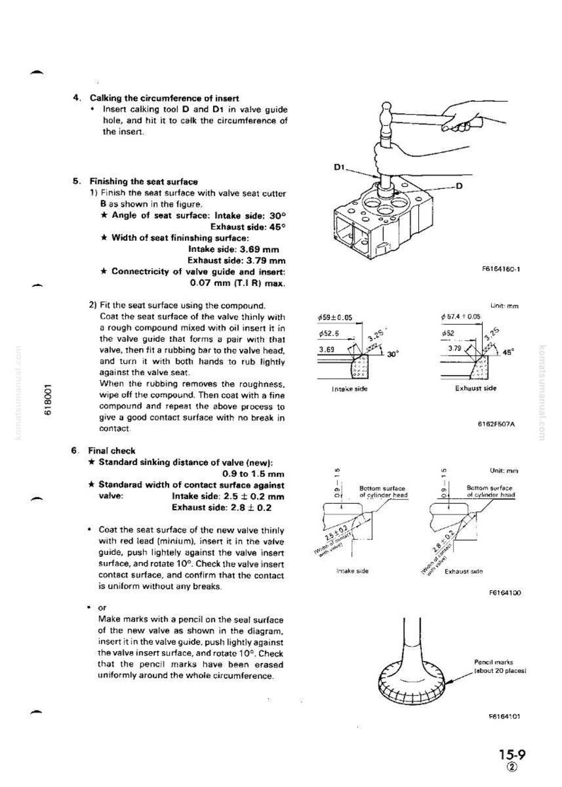 May include: Diagram of engine components with measurements in millimeters. Includes illustrations of valve seat finishing, final checks, and calking the circumference of an insert. Technical drawings and instructions.
