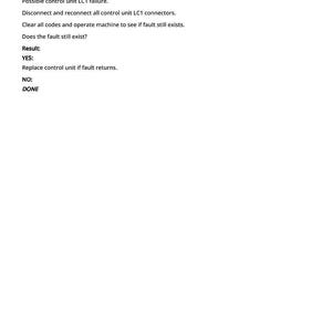 May include: A white page with black text detailing a repair procedure. The text includes instructions for addressing a possible control unit failure, with steps to disconnect, reconnect, and clear codes. The result section provides instructions based on whether the fault persists.