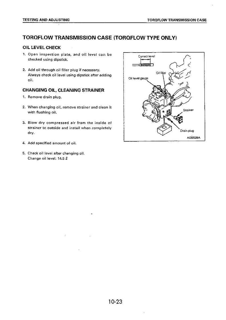 May include: Diagram of a Torqflow transmission case with instructions for oil level checks and changing oil. Includes an illustration of the oil filter, strainer, and drain plug, with text labels and measurements.