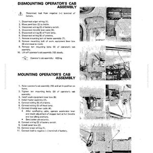 K&ouml;nnte beinhalten: Eine Seite aus einem Handbuch, die die Demontage und Montage einer Fahrerkabine beschreibt. Der Text enth&auml;lt Anweisungen zum Trennen von Kabeln, Entfernen von Schrauben und Anheben der Kabinenbaugruppe. Diagramme und Teilenummern sind ebenfalls enthalten.