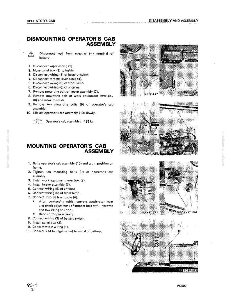 K&ouml;nnte beinhalten: Eine Seite aus einem Handbuch, die die Demontage und Montage einer Fahrerkabine beschreibt. Der Text enth&auml;lt Anweisungen zum Trennen von Kabeln, Entfernen von Schrauben und Anheben der Kabinenbaugruppe. Diagramme und Teilenummern sind ebenfalls enthalten.